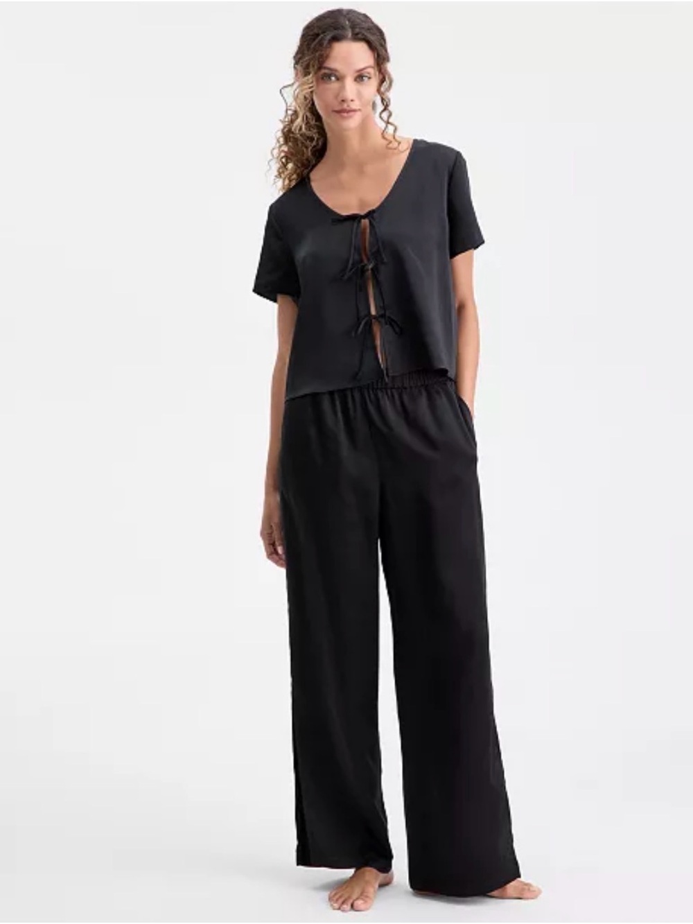 Black Tie-Front Pajama Set - Short Sleeve Top & Wide-Leg with slits Pants